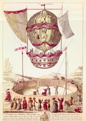 Pierwszy lot balonu na ogrzane powietrze, 22 grudnia 1783 r. w Defsessebruk (Walia) (litografia)