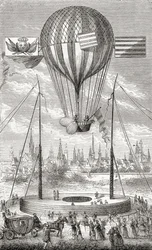 Pierwszy lot sterowcem, z Dijon, 12 czerwca 1784, z książki „Wonderful Balloon Ascents or the Conquest of the Skies”, autorstwa Fulgence Marion, wydanej ok. 1870 r.