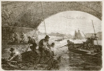 Łowienie broni w Sekwanie, ilustracja z Historii wojny Cassells między Francją a Niemcami, 1870-1871