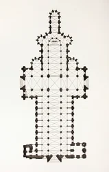 Plan katedry Notre-Dame w Rouen we Francji, w stylu ostrołukowym z XIII wieku, z Les Arts au Moyen Age, wydanego w 1873 roku