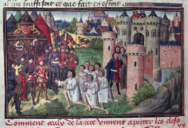 Fol.286v Jak mieszkańcy Babilonu przekazali klucze do miasta Aleksandrowi Wielkiemu (356-323 pne) z rękopisu Jeana Vauquelina, z Histoire du Grand Alexandre, 1460