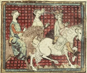 Fol.31r Chilperic I (543-97) i Fredegonde na koniu, z Grandes Chroniques de France, 1375-79
