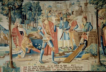 Założenie Miasta Troyes. Król Jasius zostaje zabity przez swojego brata Dardanusa, który uciekł łodzią i znalazł z tyłu reprezentowanego Troyesa (w Szampanii). Gobelin „Bajeczna historia Galów”” wykonany przez warsztat Arras. 1530 Beauvais, wyjazd