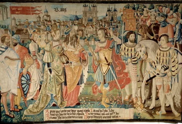 Założenie miasta Reims: Remus poślubił swoją córkę za króla Francusa, syna Hectora. Gobelin z „Baśniowej historii Galów” wykonany przez warsztat Arras