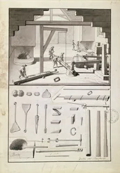 Odlewnia, rysunek do Description des Arts et Métiers autorstwa L. Simonneau, który zainspirował Diderota do Encyclopédie
