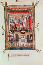 Ks 2091 fol.129 Sisinnius wydaje rozkazy św. Denisowi i jego towarzyszom przyprowadzonym przed niego, z Vie de St. Denis, 1317