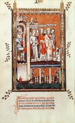 Fr 2092 f.37v Sisinnius pokazujący ciała innych męczenników św. Denisowi i jego towarzyszom, z Vie de St. Denis, 1317