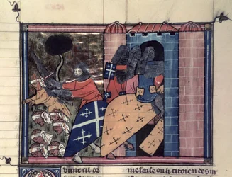Fr 22495 fol.115r Krzyżowcy konni walczący z Saracenami ok. 1185, z Le Roman de Godefroi de Bouillon