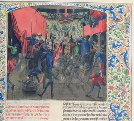 Fr 2646 f.176 Bal des Ardents, Karol uratowany przez księżną Berry po podpaleniu przez Ludwika Orleańskiego kostiumów tancerzy, 1392, z Froissarts Chronicle