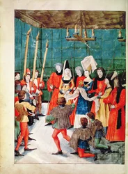 Fr 2692 f.70v Królowa wręczająca nagrodę za turniej rycerski, z Livre des Tournois de Rene dAnjou, c.1488-89