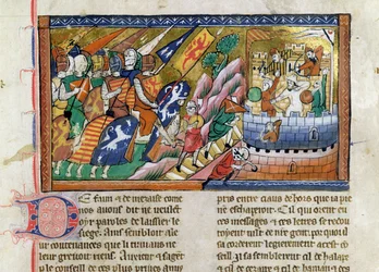 Fr 9084 f.53 Angielska armia atakująca zamek, z "Chronique de Guillaume de Tyr" (pergamin)