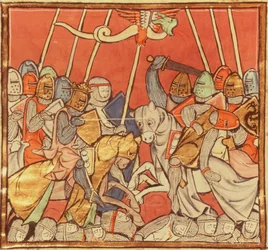 Ks 95 fol.173v Bitwa pod Bedigran, z Historii Merlina, ok. 1280-90