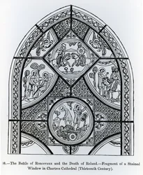 Fragment witraża w katedrze w Chartres, przedstawiający bitwę pod Roncevaux i śmierć Rolanda, ilustracja z Nauki i literatury średniowiecza i renesansu, pisarz