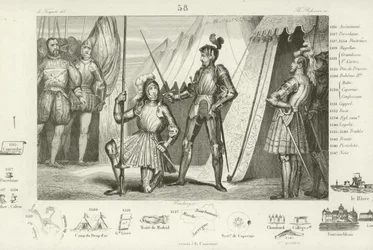 Franciszek I z Francji prosi o pasowanie na rycerza przez Kawalera Bayarda po zwycięstwie w bitwie pod Marignano we Włoszech, 1515