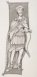 Wódz lub król frankijski uzbrojony w scramasax, na podstawie miniatury z IX wieku, z "Le Moyen Age et La Renaissance" autorstwa Paula Lacroix (1806-84), opublikowanej w 1847 r.