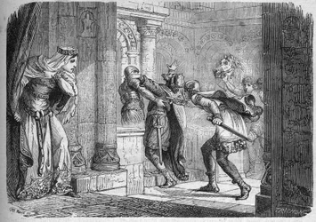 Fredegunda (ok. 545-597), królowa Neustrii, kazała zamordować Chilperyka I (539-584) w 584 roku. Rycina w „Historii prostytucji i rozpusty wśród wszystkich ludów świata od starożytności do czasów współczesnych” autorstwa dr. Th.-F. Debraya. 1879.