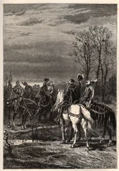 Francuskie wojny religijne - Październik 1569 Wojna Religijna - Rozmowy poprzedzające bitwę pod Moncontour (Henri, przyszły książę Anjou Henryk III i Gaspard II z Coligny - Bitwa pod Moncontour (październik 1569) - grawerowanie z „” Historia opowiedziana w