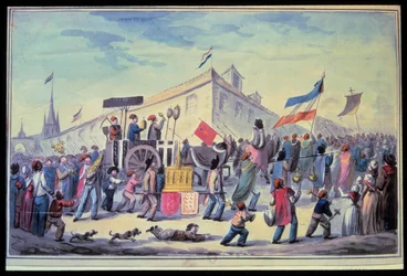 Rewolucja Francuska: „Antyreligijna maskarada w listopadzie 1793”” Anonimowa akwarela z 1793 r. Paryska Biblioteka Arsenału