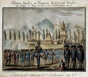 Rewolucja Francuska: „”Ceremonia pompy funebre na cześć generała Lazare Hoche (1768-1797) na Polach Marsowych w Paryżu, 10 piątek roku 6”” Grawerowanie z 1797 r. Wersal, muzeum Lambinet