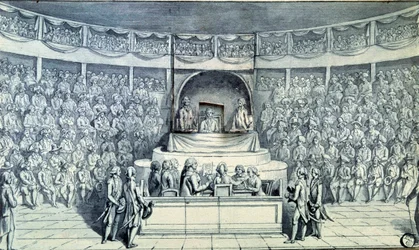 Rewolucja francuska: król Ludwik XVI (1754-1793) przy sterze jest przesłuchiwany przez Antoine