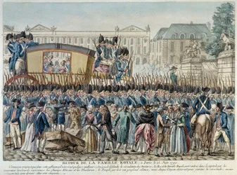 Rewolucja francuska: "Powrót rodziny królewskiej do Paryża 25.06.1791 r." Orszak przejeżdża przez Place de la Concorde. Rycina szkoły francuskiej z końca XVIII wieku. Paris Musée Carnavalet