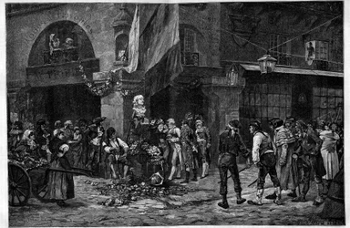 Rewolucja Francuska: „Popiersie Marata przy filarze Halles””. W hołdzie Jean Paulowi Maratowi (1743-1793) jego popiersie zostało umieszczone po jego śmierci w Halles de Paris. Grawerowanie według obrazu Georgesa Julesa Auguste Caina (1856-1919) w „”Il