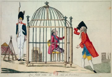 Rewolucja francuska: „Co robisz, jestem w pokucie”. Król Ludwik XVI (1754-1793) przedstawiony w klatce w przededniu ucieczki do Varennes w czerwcu 1791. Satyryczny ryt, Paryż, Biblioteka Arsenału