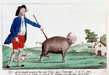 Rewolucja francuska: karykatura przedstawiająca rewolucjonistę przywracającego Ludwika XVI do postaci świni z pochodu i niewiedzącego, co z nią zrobić. 1792. Anonimowy kolorowany akwafort, Słońce 14 x 22,8, Paryż, Musée Carnavalet