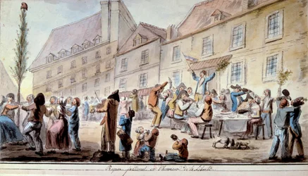 Rewolucja Francuska: braterski posiłek na cześć wolności w czerwcu 1793. Patrioci i paryżanie świętują Liberte. W tym okresie po raz pierwszy pojawiło się hasło „Liberte, egalite, braterstwo”. Akwarela z 1793 r. Paryż, Biblioteka Arsenału