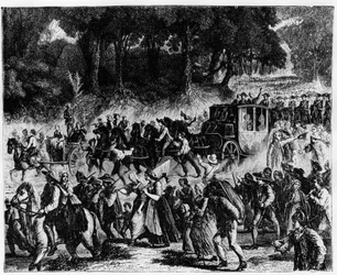 Rewolucja Francuska: przybycie rodziny królewskiej (Ludwika XVI i Marii Antoniny) do Paryża, 5 października 1789 - rycina.