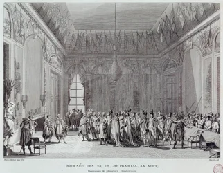Rewolucja francuska: dni 28, 29 i 30 prerii roku VII, które doprowadziły 18.06.1799 do zamachu stanu Abbe Emmanuela-Josepha Sieyesa (1748-1836) (lub zemsty soborów) i widział odejście kilku termidoriańskich dyrektorów. Grawerowanie