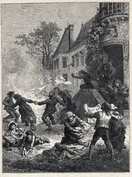 Rewolucja francuska: chłopi palili tytuły feodalne i tańczyli wokół ognia z okazji zniesienia przywilejów w sierpniu 1789 r. Rycina z 1889 r. Zbiory prywatne.