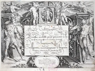 Kaligrafia francuska: Technografia, frontyspis Guillaume the Gangneur około 1599. Biblioteka historyczna miasta Paryża.