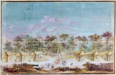 Osadnictwo francuskich kolonistów na plaży Kourou w Gujanie w 1763 r. (wc na papierze)