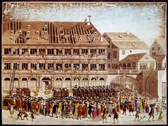 Rewolucja francuska: splądrowanie ratusza w Strasburgu 20.07.1789. Anonimowy nadruk. Paryż, B.N.