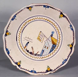 Rewolucja francuska: tabliczka z przedstawieniem hotelu de la Paix „Je chęć się tam dostać”. Ceramika XVIII wieku. Nevers, Musee Frederic Blandin