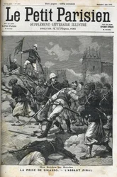 Żołnierze francuscy w Sudanie: maj 1898. Worek Sikasso przez pułkownika Audeouda (Sudan). Zdobycie Sikasso. Okładka „Le petit parisien”” z czerwca 1898 r.