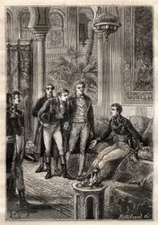 Friedrich Konrad Hornemann (1772-1801) spotkał Napoleona Bonaparte w Kairze w 1797 w obecności Gasparda Monge (1746-1818) i Claude Louis Berthollet (1748-1822) - ilustracja zaczerpnięta z „Wielkich Marynarzy XVIII wieku”