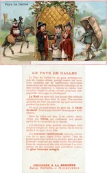 Awers i rewers karty promocyjnej na napój Chicorée à la Bergère z przedstawieniami życia w Walii, ok. 1890 (patrz także 488433)