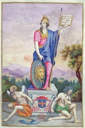 Frontyspisowa alegoryczna ilustracja bogini Minerwy z Les Panegyriques des Hommes Illustres de Notre Siecle autorstwa Puget de la Serre, 1655