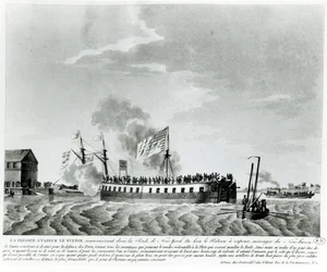 Okręt wojenny Fultons o napędzie parowym, Fulton the First, zaprojektowany i zbudowany przez Roberta Fultona do obrony Nowego Jorku w wojnie 1812 roku (zdjęcie czarno-graficzne z początku XIX wieku)