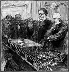Pogrzeb Jamesa Abrama Garfielda (1831-1881), prezydenta Stanów Zjednoczonych: jego następcę, Chestera Alana Arthura (1830-1886) i sekretarza Blaina przed trumną pod kopułą Kapitolu w Waszyngtonie. Grawerowanie w „” Le Monde Illustré”” nr 1282 z