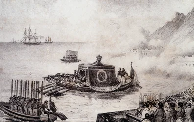 Pogrzeb Napoleona I: odejście św. Heleny - rysunek Levilly, w „Malowaniu historycznym o pogrzebie Napoleona” M. St. 1851.