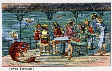 Przyszłe dni: XIX-wieczna wizja roku 2000 - Seria „” W roku 2000”: Zobacz taras (pod morzem). Chromolitografia autorstwa Villemarda