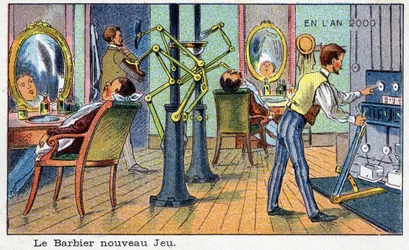 Futuredays: Wizja roku 2000 z XIX wieku - Seria „W roku 2000””: Nowa gra fryzjer (automat). Chromolitografia autorstwa Villemarda