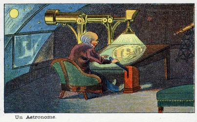 Futuredays: Wizja roku 2000 z XIX wieku Seria: Astronom (pracujący z konkretnym teleskopem). Chromolitografia autorstwa Villemarda