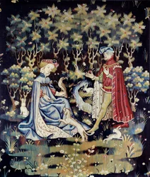 Scena Galante: „”ofiara serca”” Gobelin z wełny i jedwabiu z warsztatu w Arras - 1400-1410 wym. 2,4x2 m Paryż, Musee du Louvre