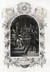Galilea (lub Galileo Galilei (1564-1642)) przed Świętym Oficjum w Watykanie”” Astronom został skazany przez Trybunał Inkwizycji w 1632 roku. Grawer ilustrujący Histoire des Popes autorstwa Maurice Lachatre (1814-1900), librairie du progres, Paryż.