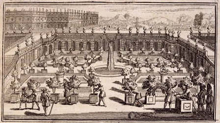 Ogrodnicy pracujący w ogrodzie pomarańczowym, z Le Parfait Jardinier, ou Instruction pour les Jardins Fruitiers et Potager, Jean de la Quintinye, opublikowana 1695
