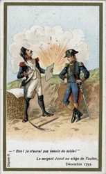 Generał Jean Andoche Junot (Jean-Andoche) (1771-1813), książę Abrantes piszący list do Napoleona Bonaparte podczas oblężenia Tulonu w grudniu 1793 r. Brytyjska piłka pokryła papier podoficera Jugnota ziemią: „No cóż”, powiedział: „Nie potrzebuję piasku!”